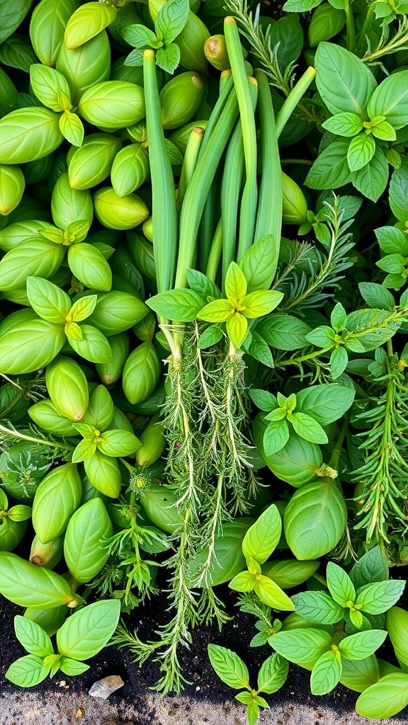 A variety of fresh herbs including basil and rosemary in a garden setting.