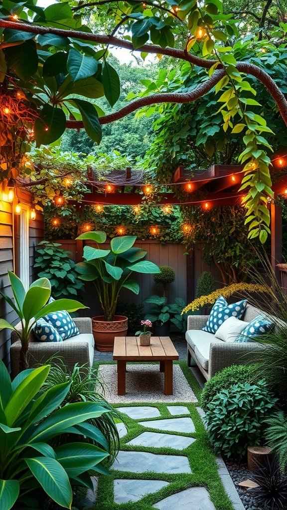 A cozy backyard nook with seating, surrounded by lush greenery and warm lighting.