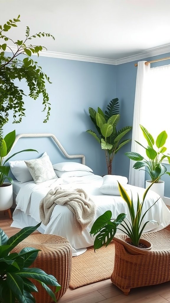 A serene blue bedroom with indoor plants, featuring pastel blue walls and natural decor accents.