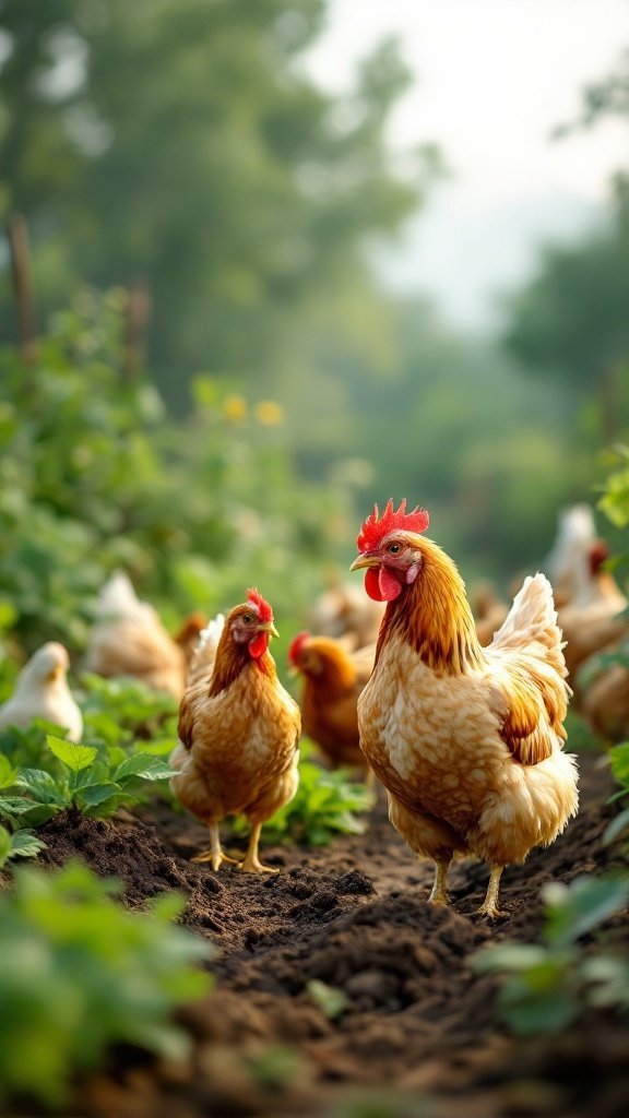 Chickens foraging in a permaculture garden, enhancing soil health