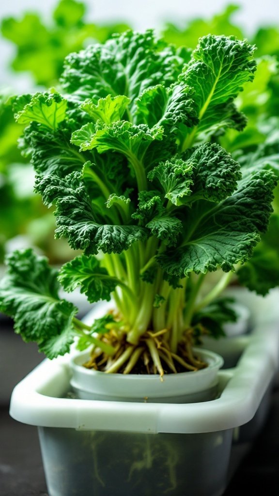Close-up of healthy kale plants in a hydroponic system