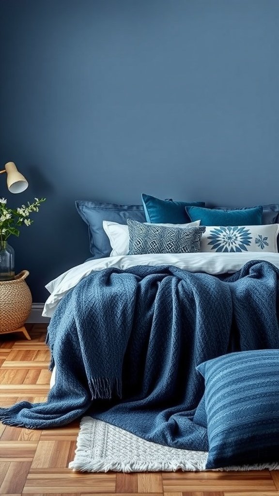 A cozy blue bedroom featuring layered blue bedding, textured throws, and decorative pillows.