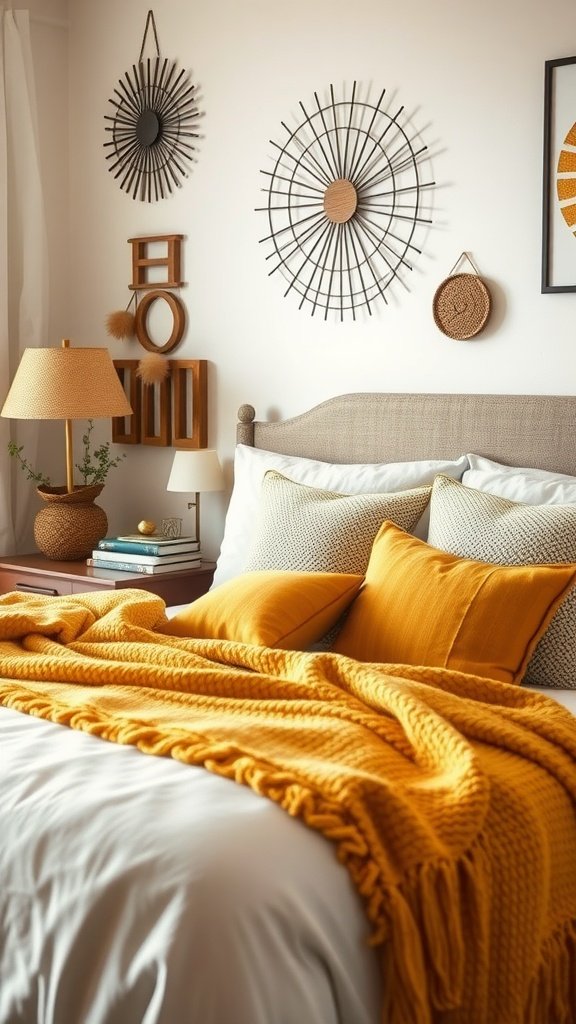 Cozy yellow bedroom with layered textures, featuring yellow pillows and a knitted blanket.