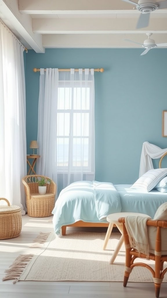 A bright and airy blue bedroom featuring pastel bedding, light sheer curtains, and natural textures.