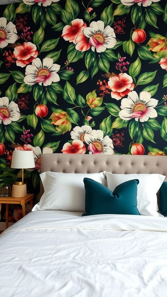 A bedroom featuring a botanical print wallpaper with flowers and leaves, paired with neutral bedding.