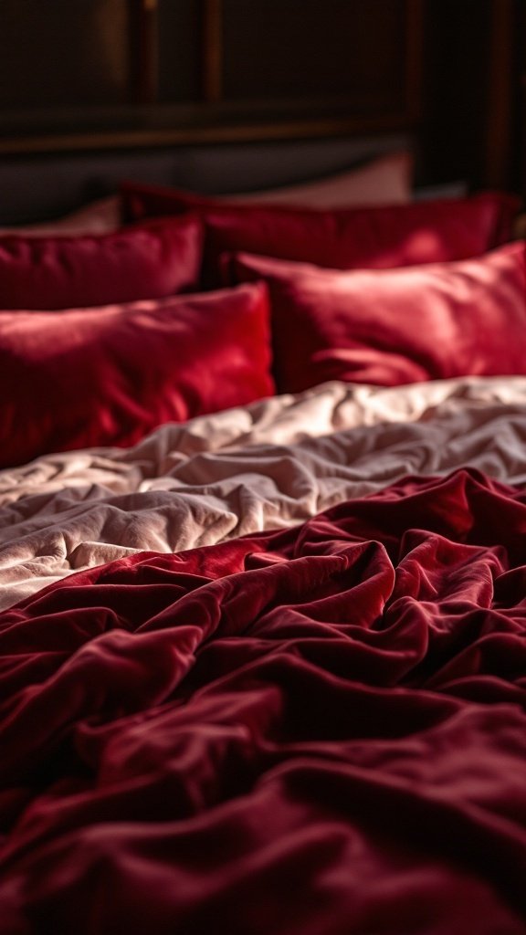 Rich red velvet bedding on a bed with pillows