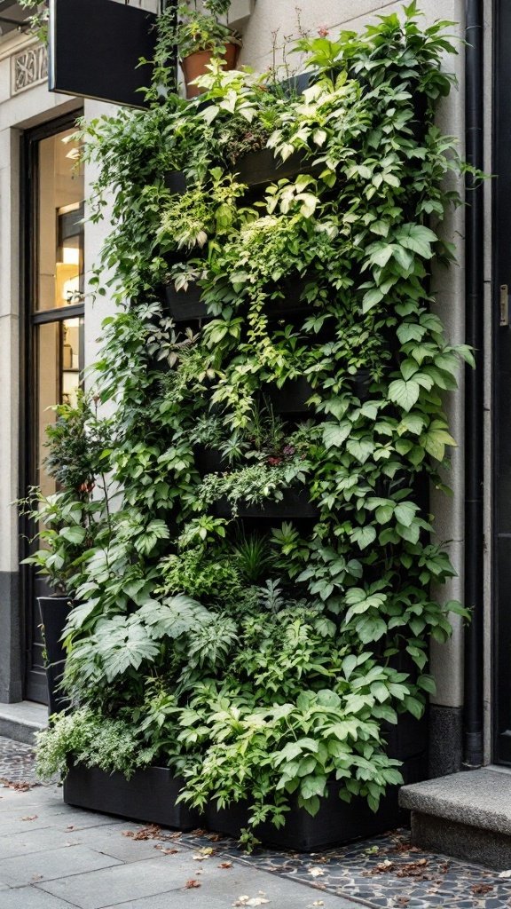 A vertical garden filled with various green plants stacked on a wall, showcasing an eco-friendly gardening approach.