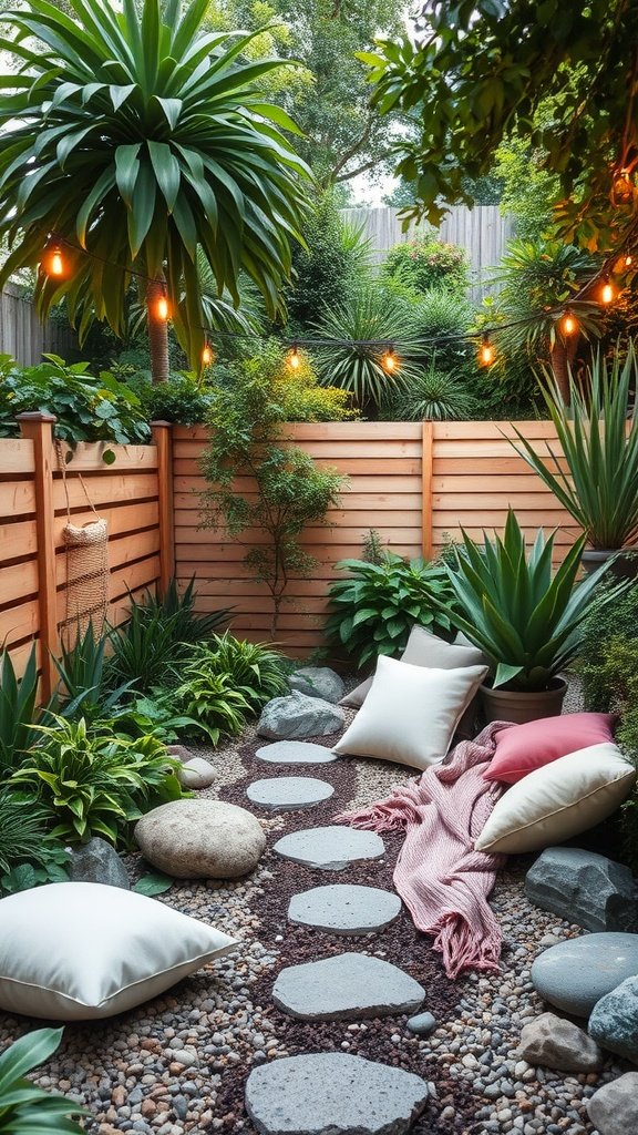 A tranquil meditation space in a backyard garden with stone pathways, vibrant plants, and cozy pillows.