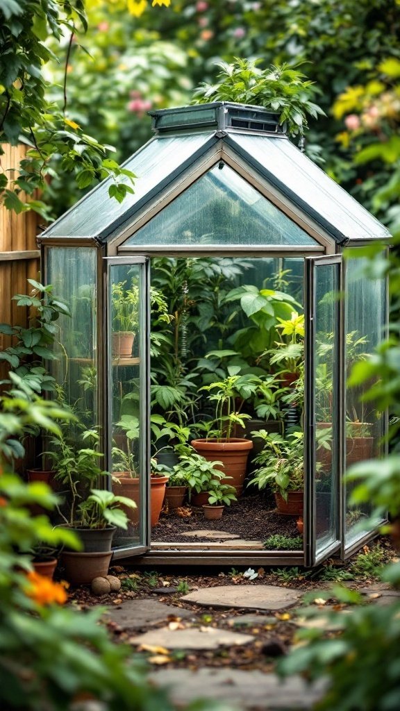 A mini greenhouse filled with various plants and a stone pathway leading to it, surrounded by greenery.
