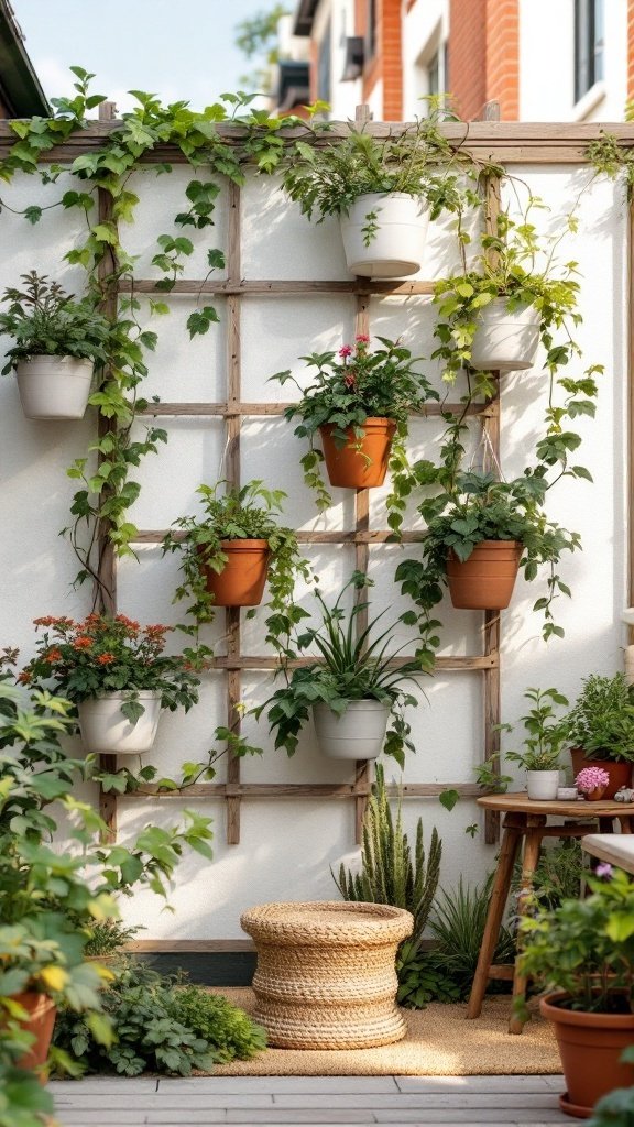 A mini trellis with climbing vines and potted plants in a small outdoor space.