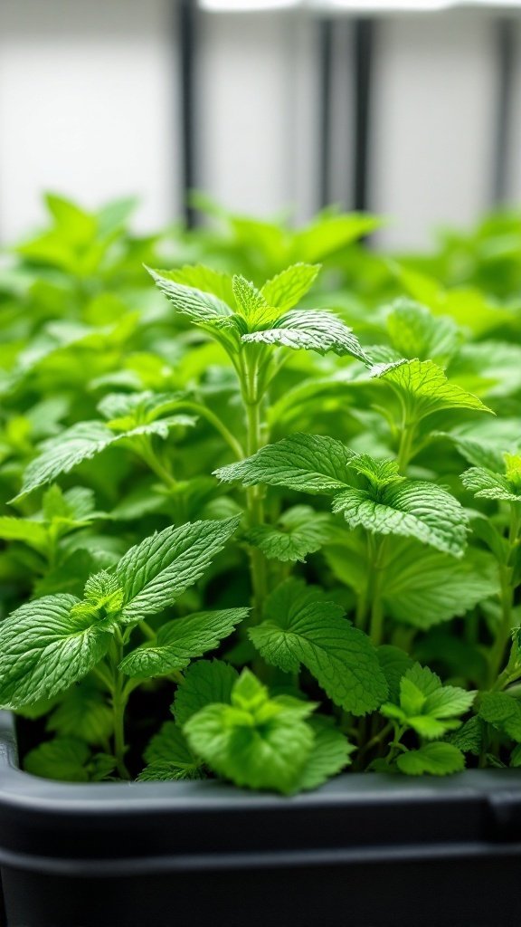 Fresh green mint plants thriving in a hydroponic setup.