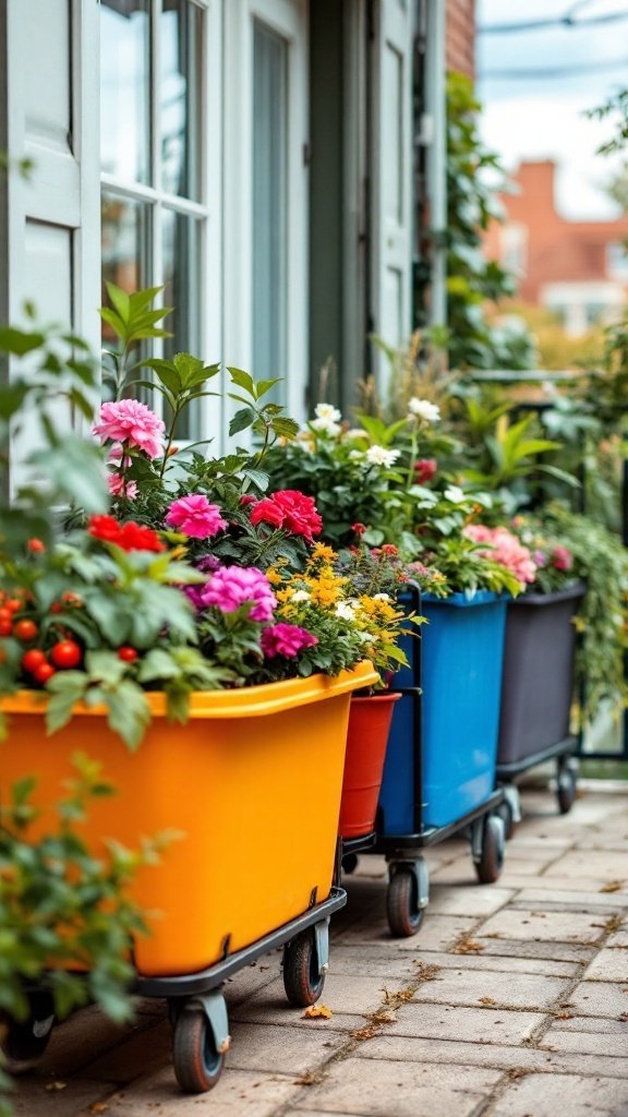 Colorful rolling planters filled with flowers on a patio