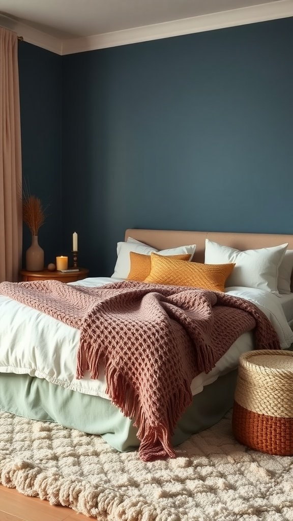 A cozy bedroom featuring muted blue walls, a soft bed with a pink knitted throw, and warm accent pillows.