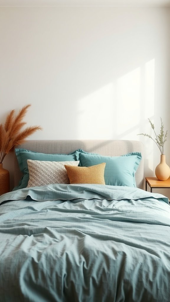 Cozy blue bedroom with muted teal duvet and earthy textures