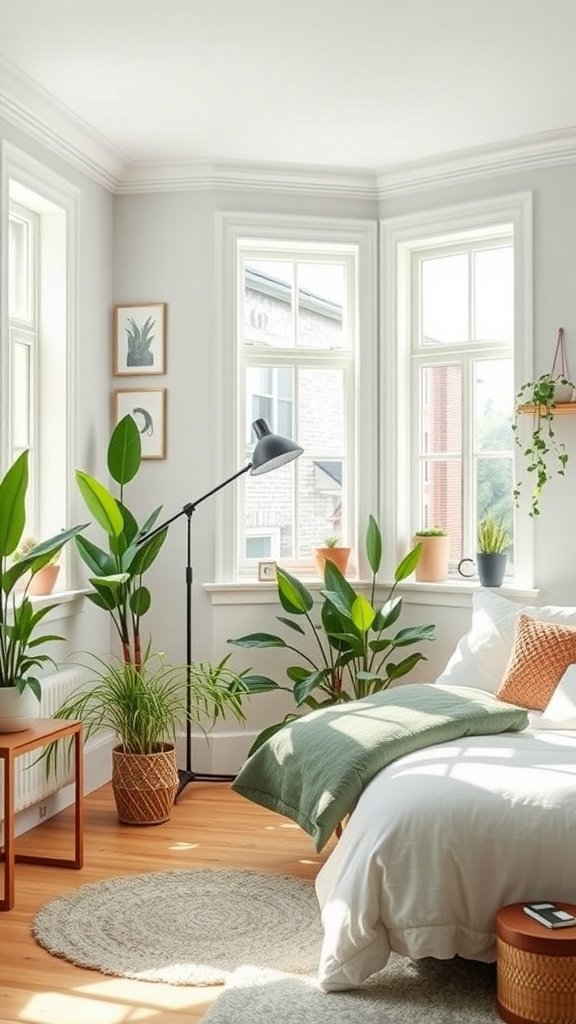 Bright and airy bedroom with natural light and various indoor plants.