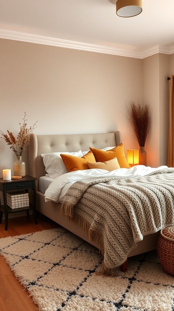 A cozy bedroom featuring neutral tones with vibrant orange accents, showcasing a warm and inviting atmosphere.