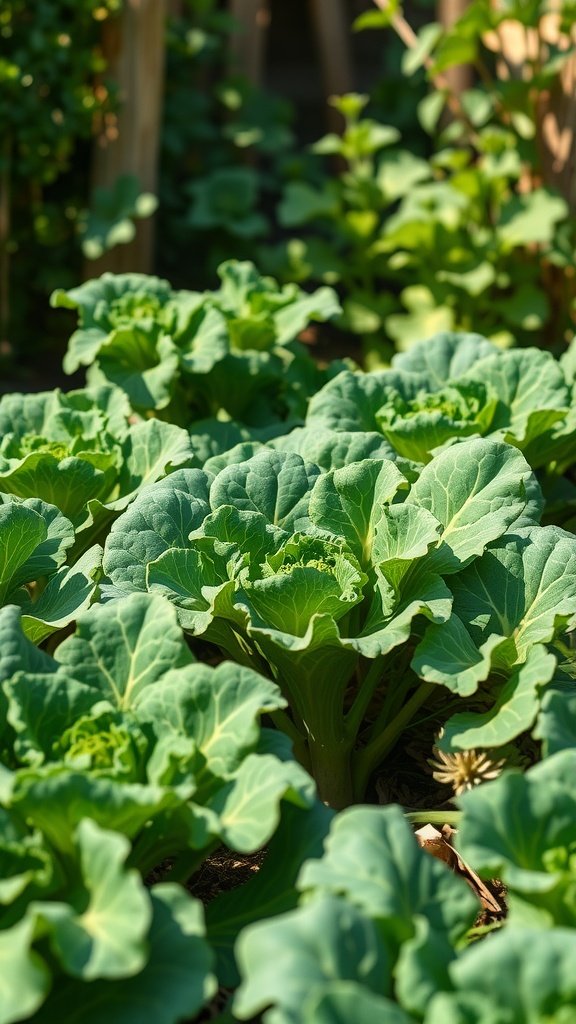 A healthy patch of kale growing in a garden, showcasing lush green leaves.