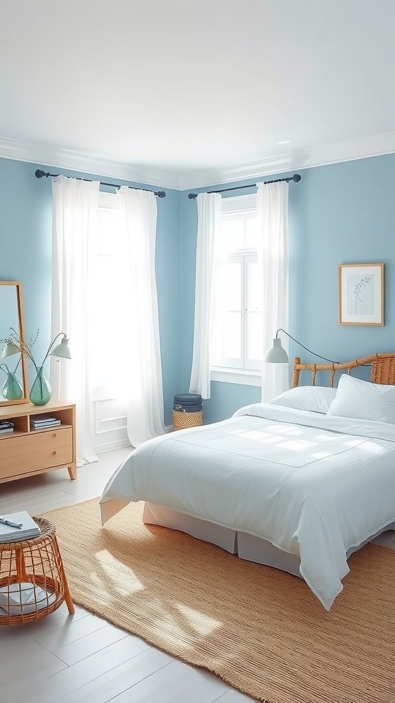 A calming blue bedroom with pastel blue walls, white bedding, and natural textures.