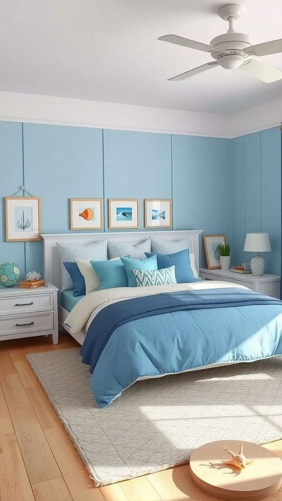 Cozy blue bedroom with ocean-inspired decor, showcasing blue bedding and marine-themed artwork.