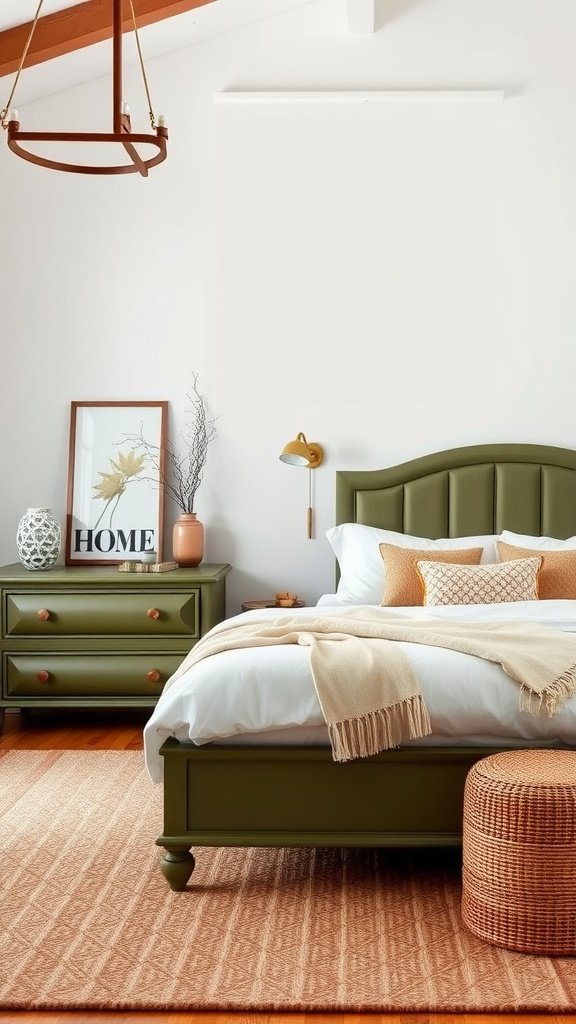 A stylish bedroom featuring olive green furniture, a cozy bed, and warm decorative accents.