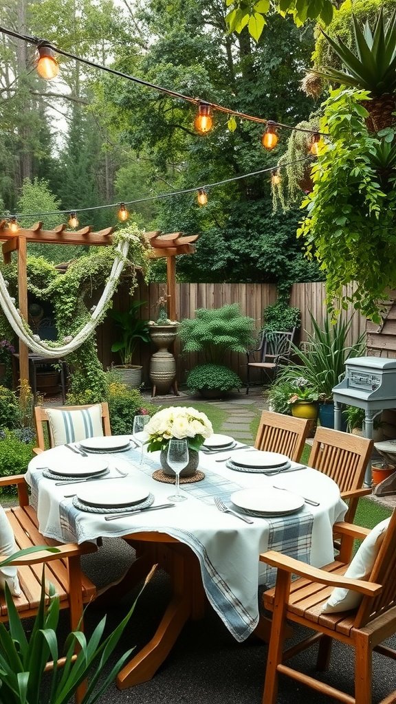 Outdoor dining area with wooden table, chairs, and string lights surrounded by greenery.