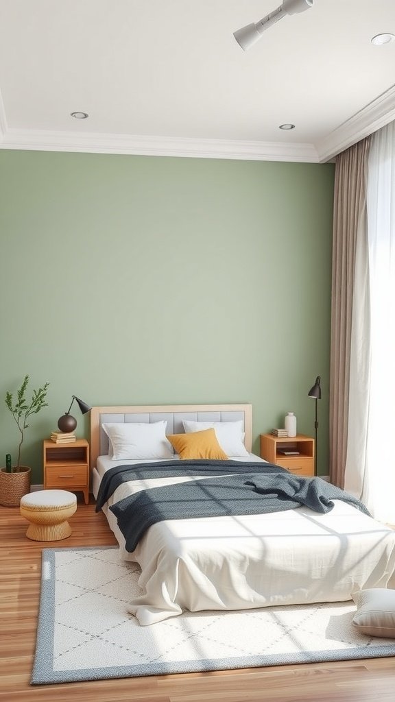 A cozy bedroom featuring a pale green accent wall, a bed with a light comforter, and natural light illuminating the space.