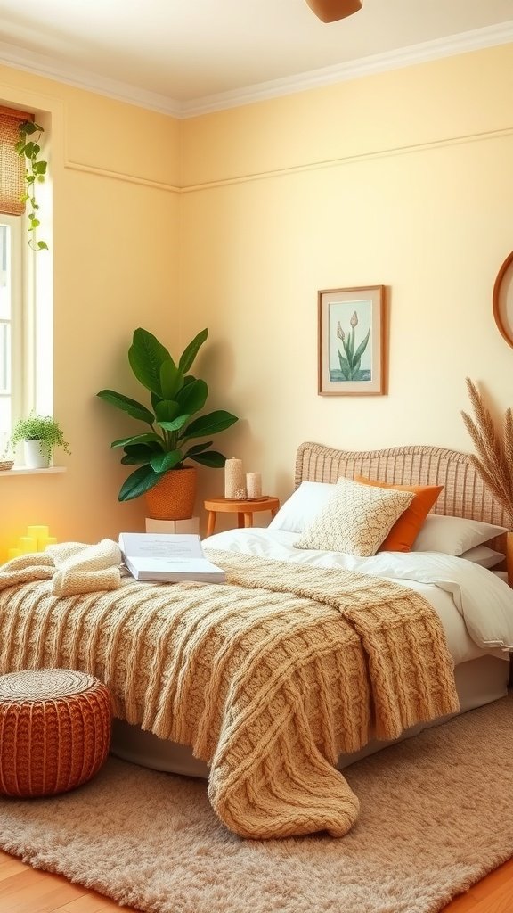 A cozy bedroom featuring pale yellow walls, a knitted blanket on the bed, and fresh green plants.