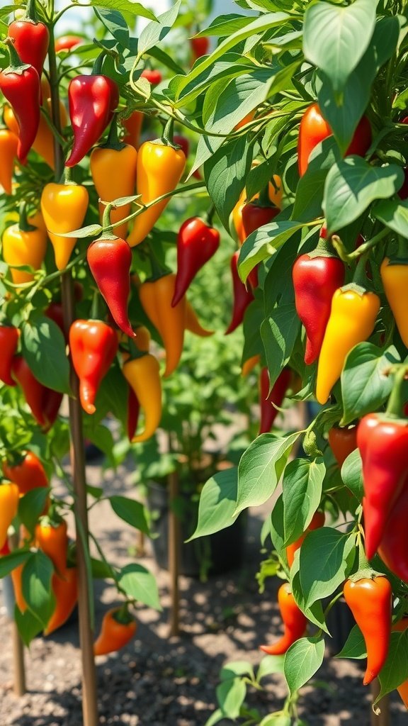 A close-up view of various colored peppers hanging on plants in a garden.