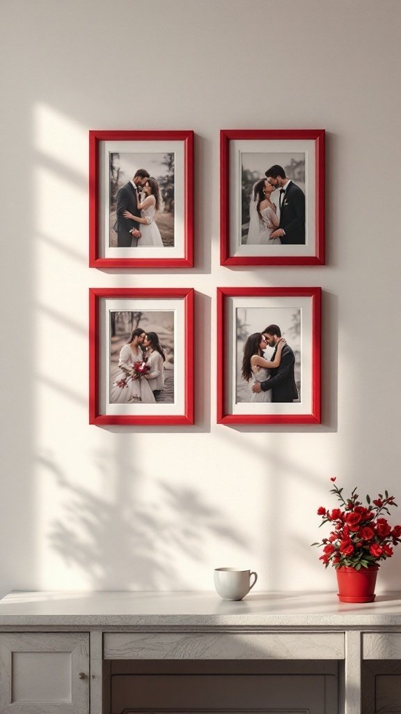 A wall with red-framed photos of couples, showcasing a warm and cozy interior.