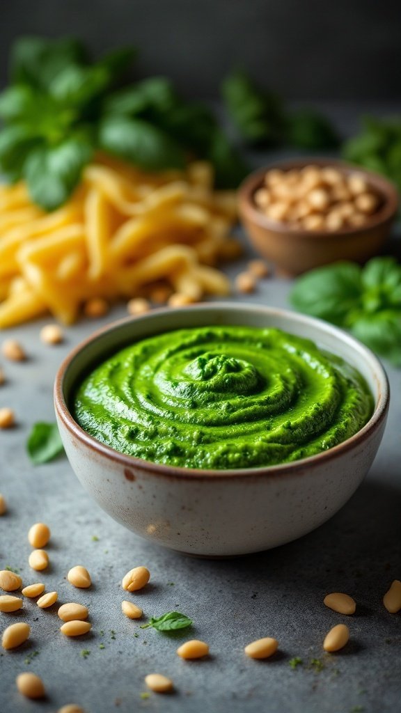 A bowl of vibrant green pesto with pine nuts and fresh basil in the background.