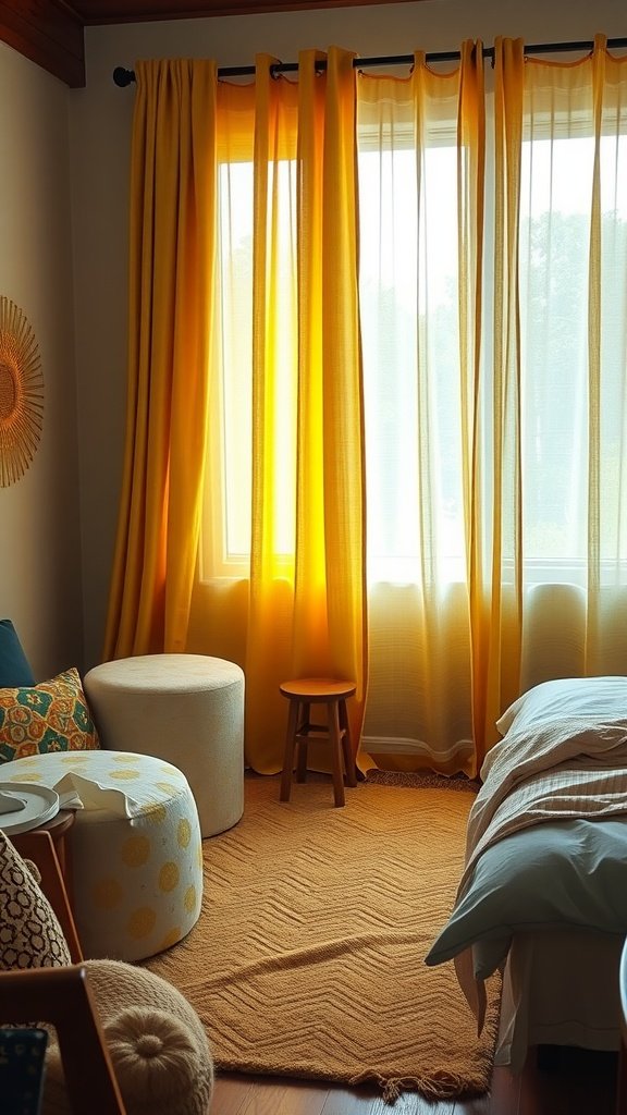 A cozy bedroom with yellow curtains, a small wooden stool, and patterned pillows.