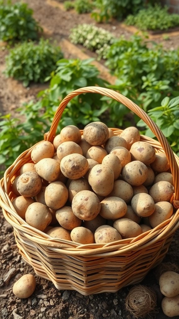 A basket filled with freshly harvested potatoes in a garden setting.