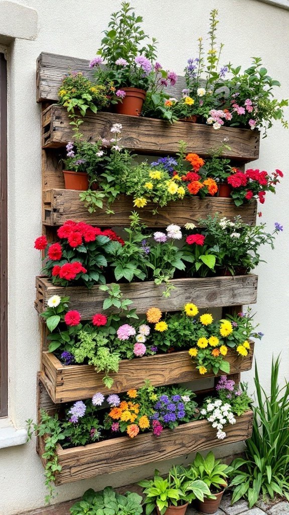 A vertical garden made from a reclaimed wood pallet, filled with vibrant flowers and plants.