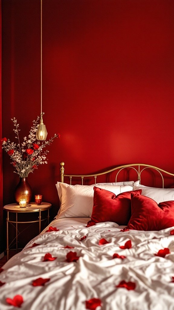 A romantic red bedroom featuring red walls, a gold bed frame, and cozy decor.