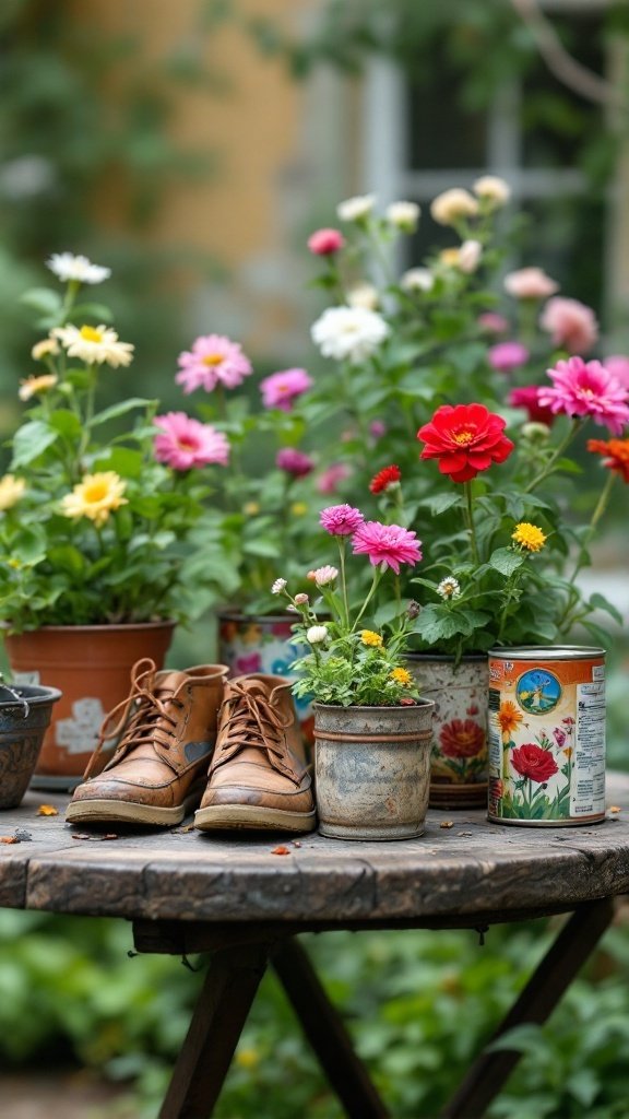Colorful flowers in various containers, including old shoes and a can, placed on a wooden table.