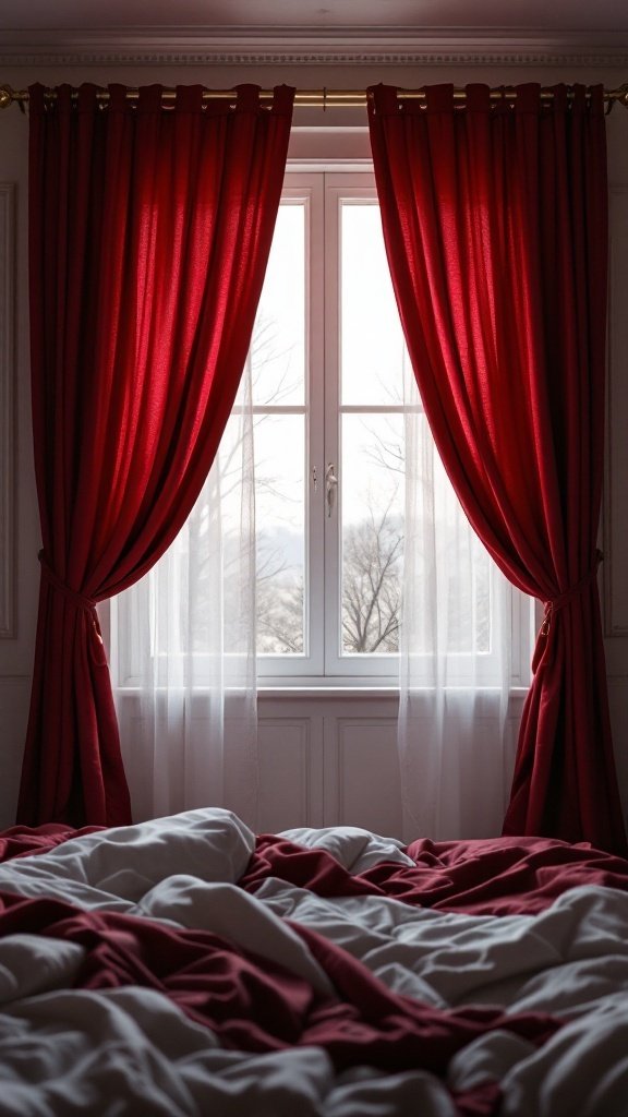 Burgundy curtains hanging over a window with white sheer fabric, draped elegantly in a cozy bedroom setting.