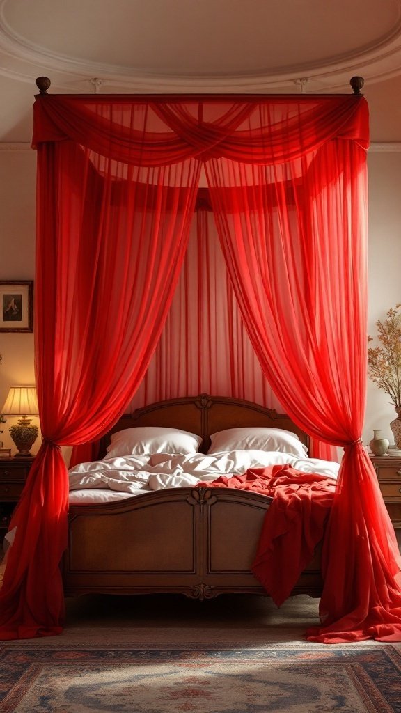 A cozy canopy bed with red drapes and soft bedding in a warm interior.