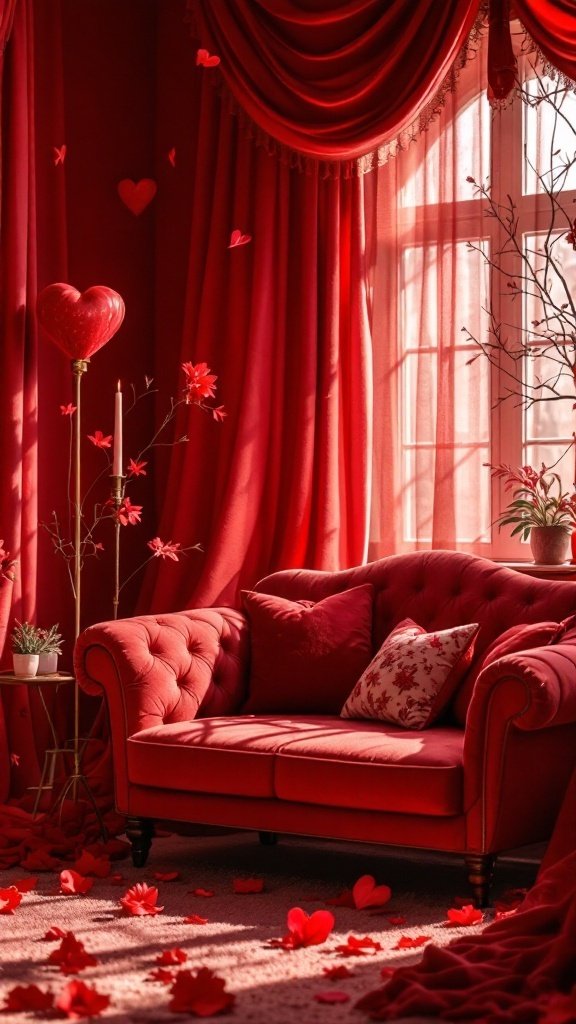 A cozy red love seat in a romantic red bedroom with decorative elements.