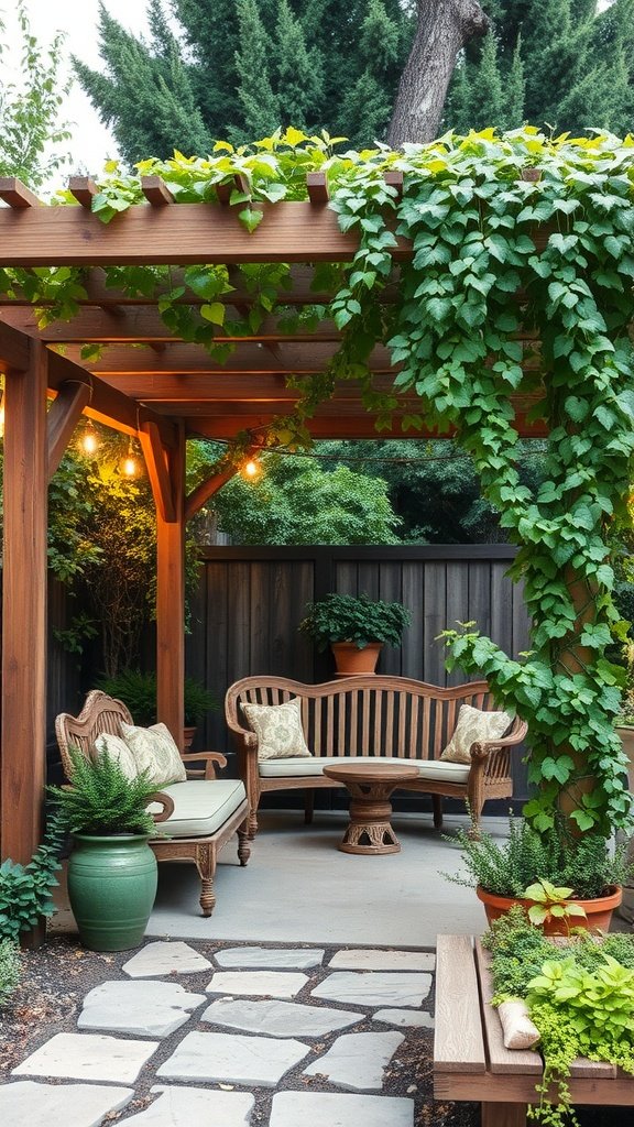 Rustic pergola adorned with vines, featuring comfortable seating and warm lighting, creating a cozy garden space.