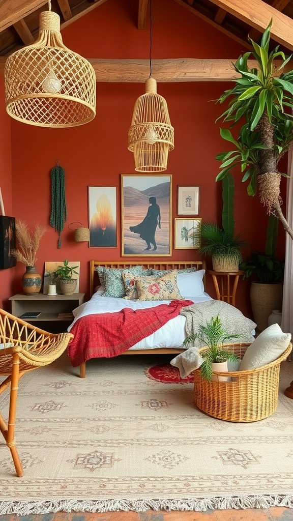 A boho bedroom with rusty red accents, featuring earthy tones, vintage decor, and a cozy atmosphere.