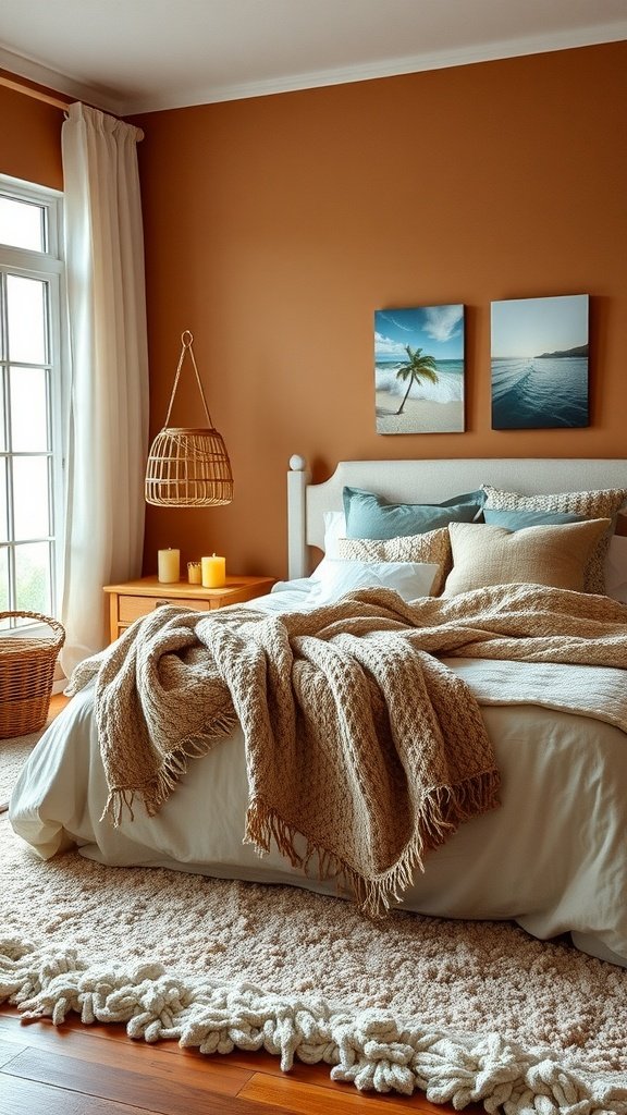 Cozy bedroom featuring sandy brown walls and ocean teal accents, with a warm blanket and soft textures.