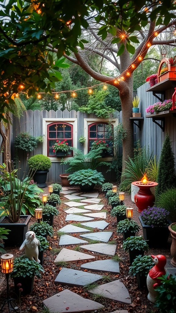 A cozy backyard garden featuring a stone path, potted plants, string lights, and decorative accents, creating a secret escape atmosphere.