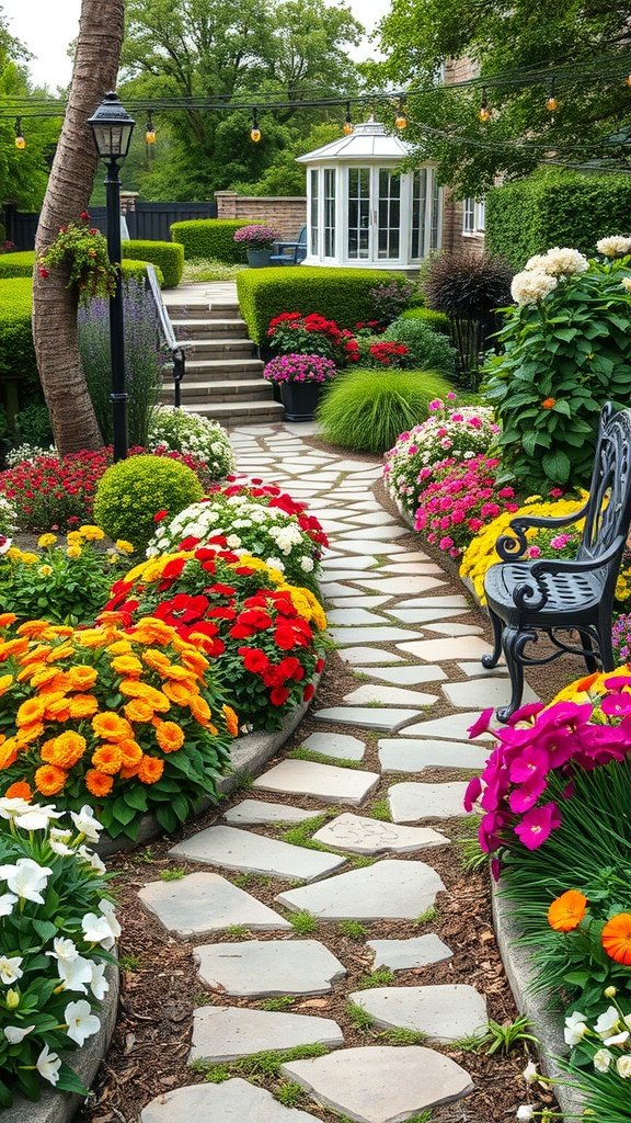 A beautiful stone pathway meandering through vibrant flowerbeds in a tranquil garden setting.