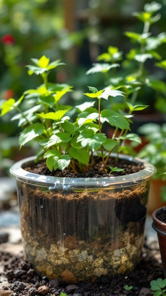 A clear pot with soil and green plants, showcasing a self-watering container for gardening.