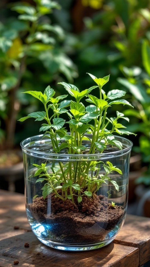 A vibrant green plant in a clear self-watering planter, showcasing a soil layer above a water reservoir.