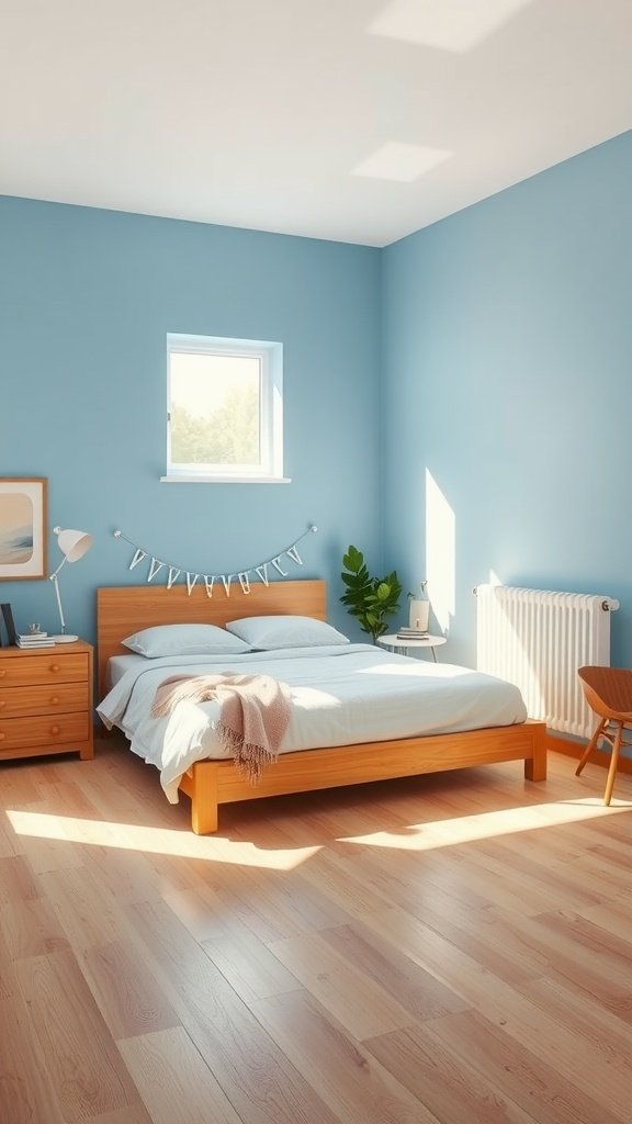 A cozy bedroom featuring sky blue walls, natural wood furniture, and soft blue bedding.