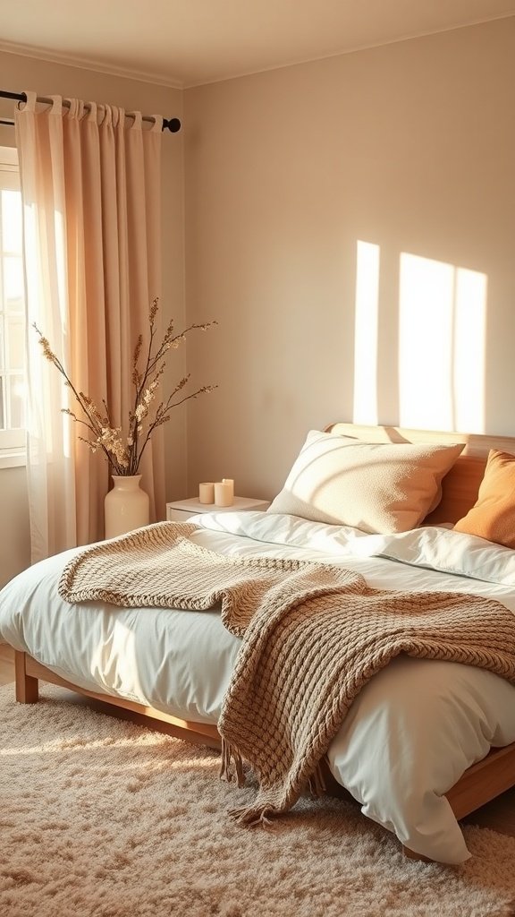 A cozy bedroom with soft beige and cream colors, featuring a wooden bed, knitted throw, and natural lighting.