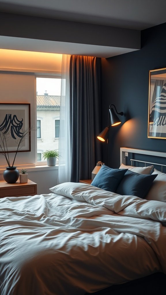 A cozy blue bedroom with soft navy accents and warm lighting