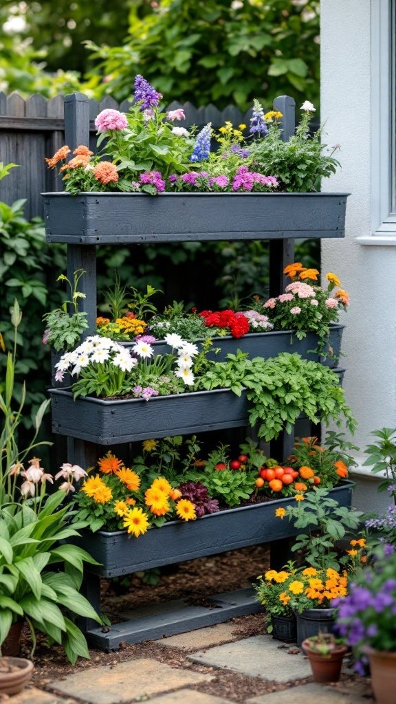 A stackable planter system filled with colorful flowers and vegetables in a small garden area.