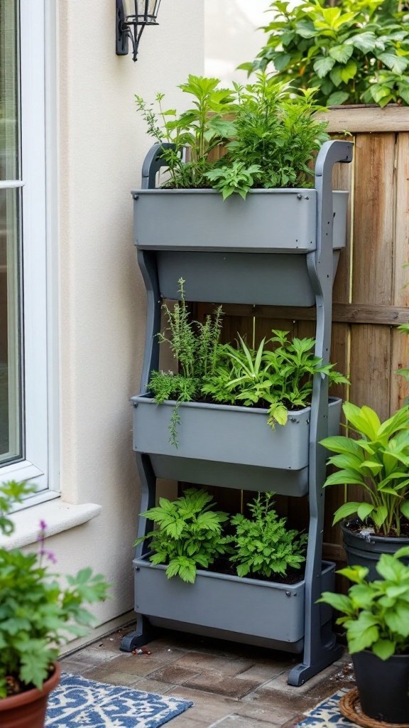 A stackable planter system with three tiers filled with various herbs and plants, set against a fence.